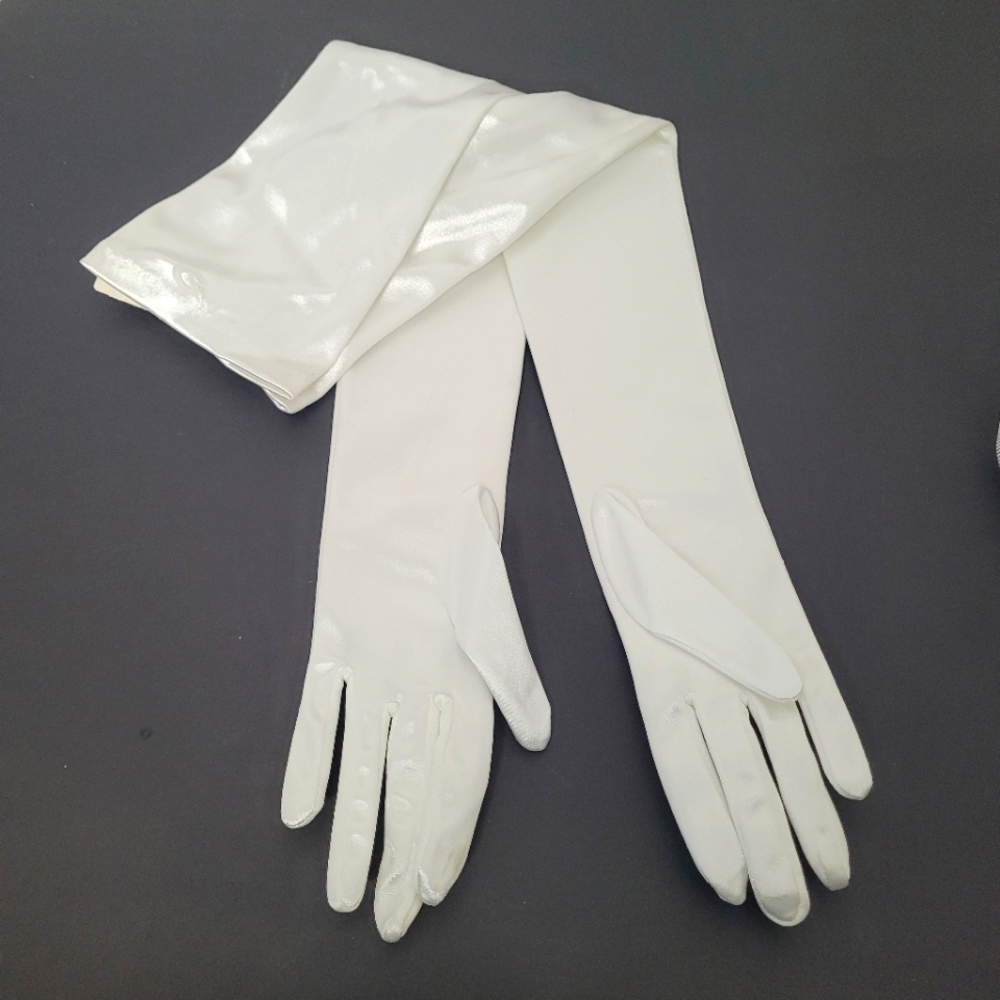Very long white satin opera gloves